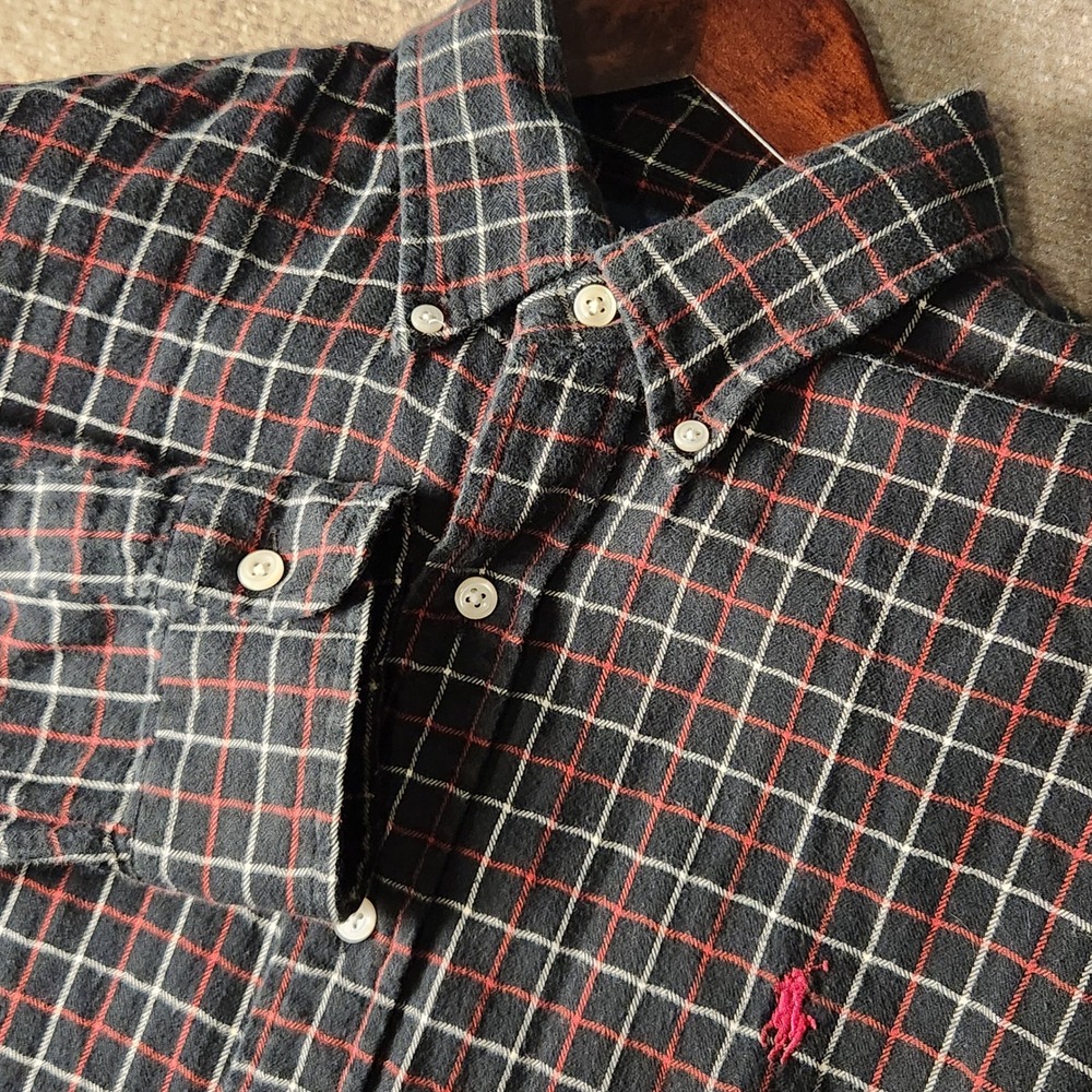 Polo Ralph Lauren Button Down Shirt Mens L Black Red Plaid Flannel Pony Logo